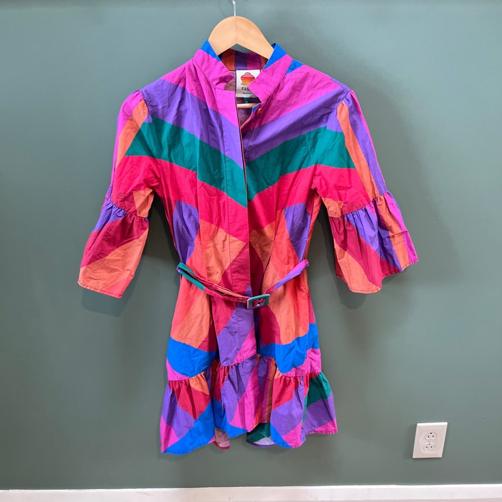 FARM Rio Colorful Geometric Print Tiered Ruffle Belted Mini Dress XS